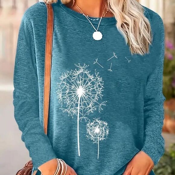 Woman's Long Sleeve Dandelion Print Crew Neck T-Shirt Color Green Size Large - Picture 1 of 3